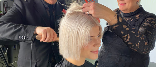 Behind the scenes picture, photoshoot Collection 2025. Blonde hair model and two hair dressers