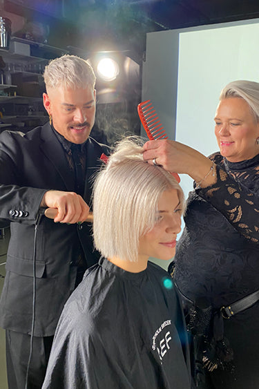 Behind the scenes picture, photoshoot Collection 2025. Blonde hair model and two hair dressers